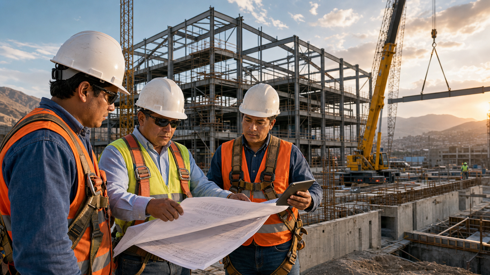 Ingenieros peruanos supervisando montaje de estructuras met&aacute;licas en obra