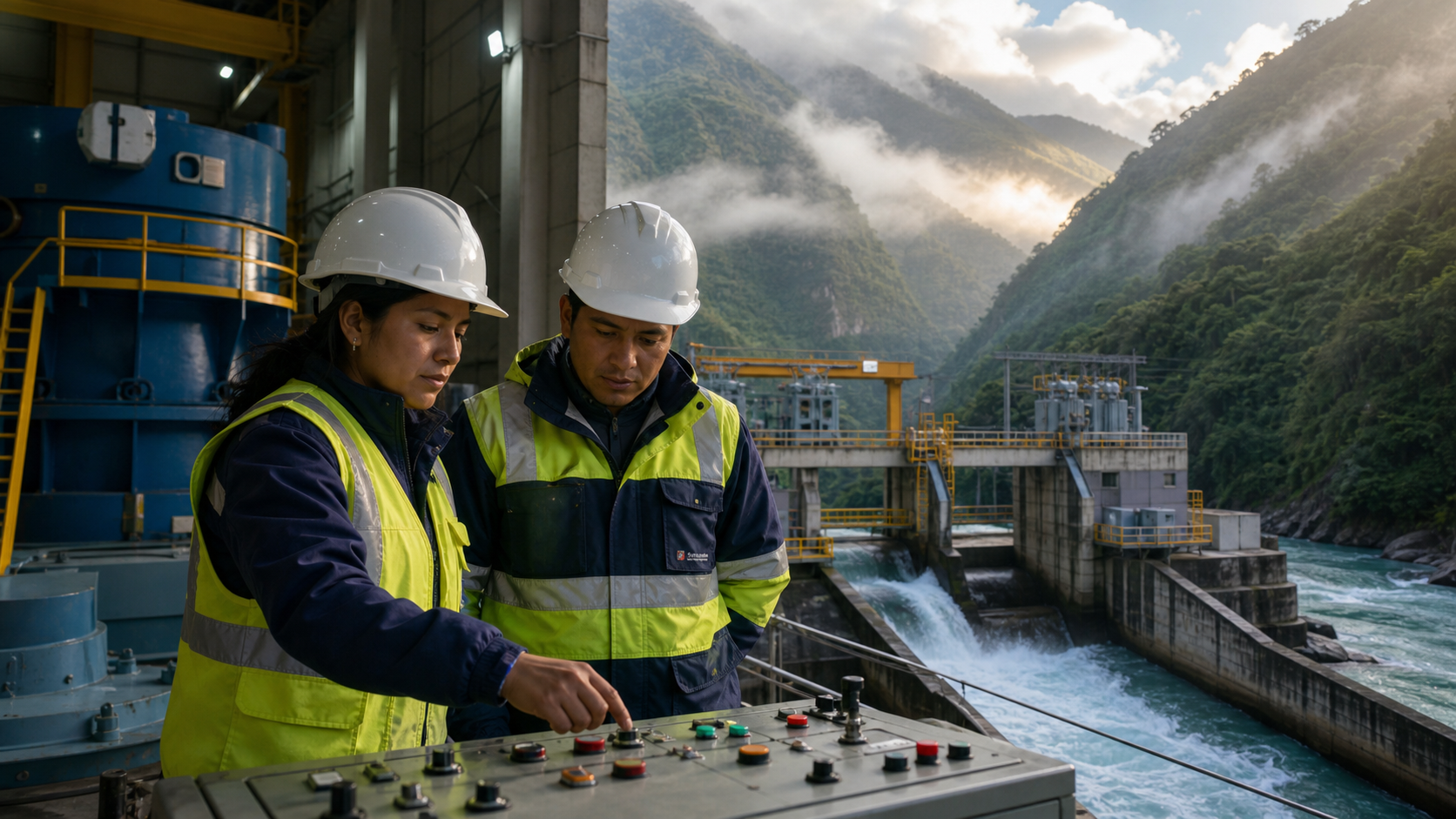 Ingenieros peruanos inspeccionando infraestructura hidroel&eacute;ctrica en un valle andino