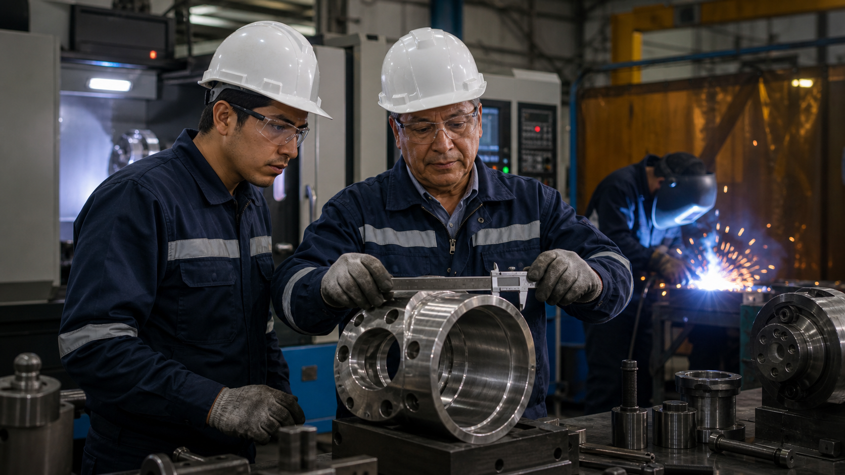 Ingenieros peruanos inspeccionando componentes met&aacute;licos en un taller metal-mec&aacute;nico