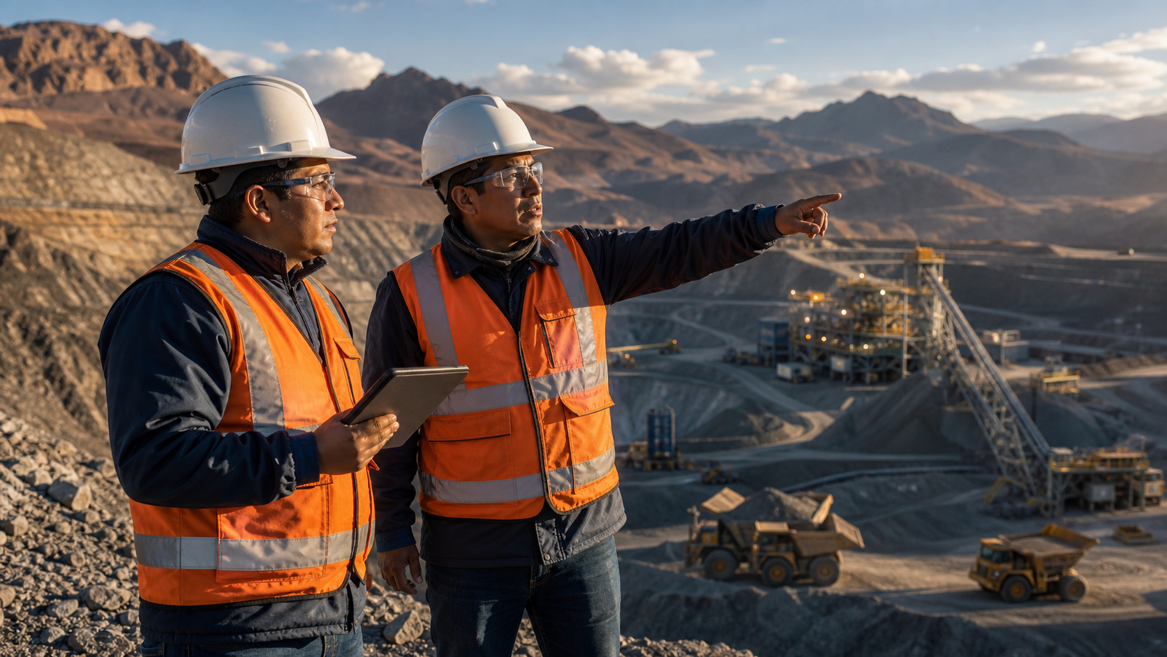 Ingenieros peruanos supervisando una operaci&oacute;n minera en los Andes